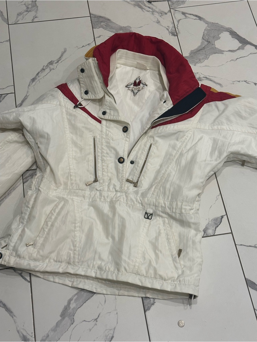 Women's White Ski Anorak with Red Contrast Collar - Performance Snow Jacket